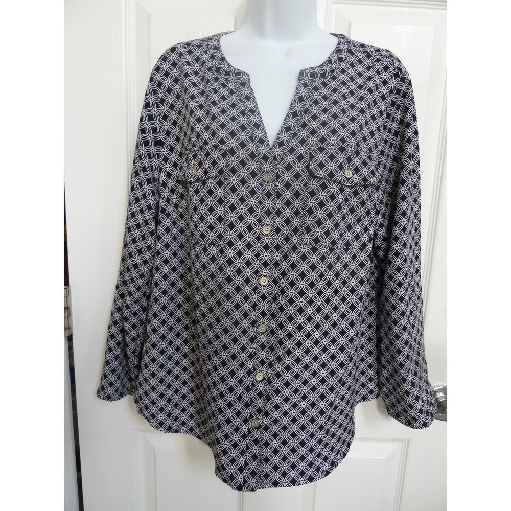*NEW!! NOTATIONS Sz L, 12/14 Collarless V-Neck Blouse Career Roll-Tab Sleeves*